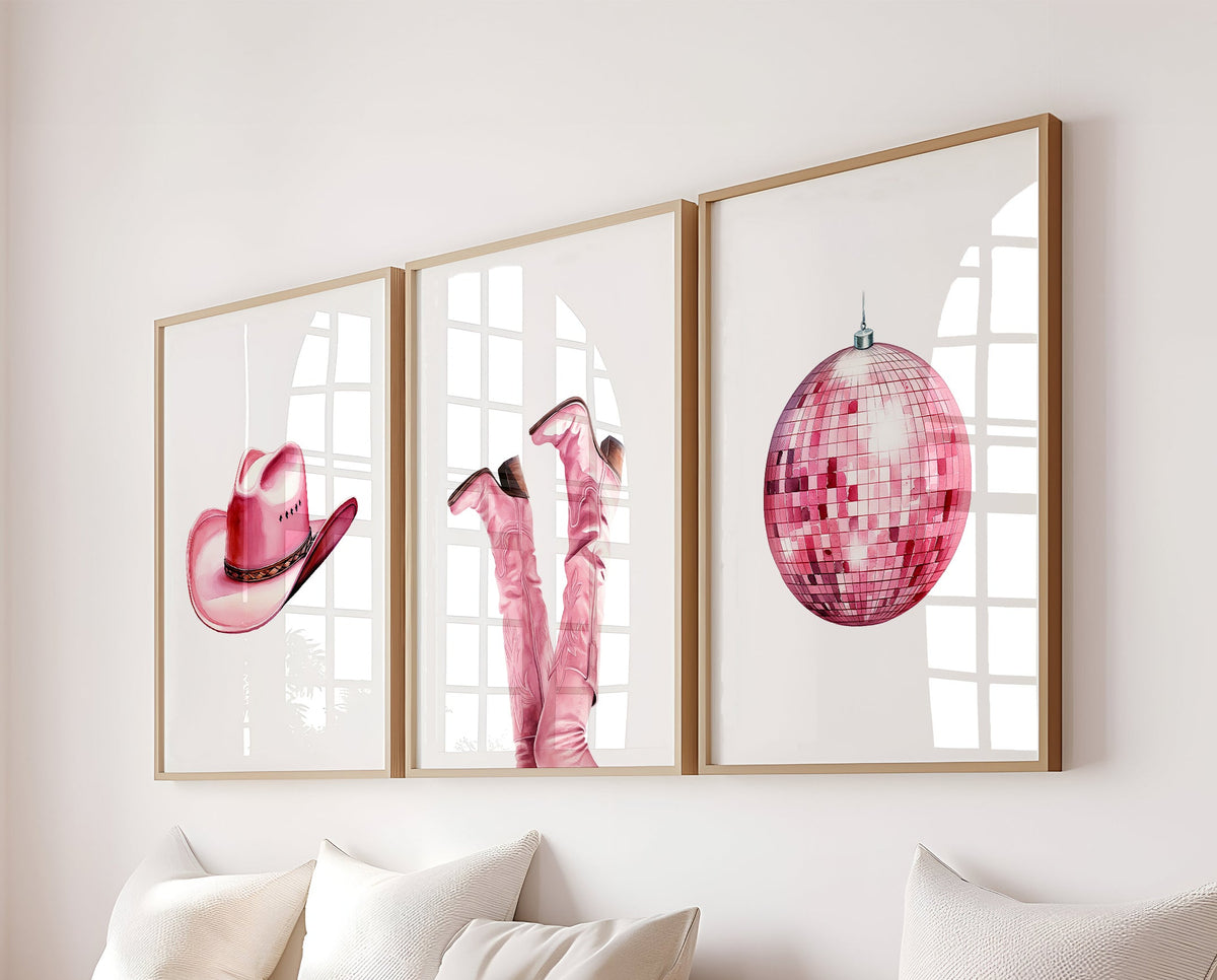 Set Of 3 Wall Art Prints Pink Cowgirl Boots