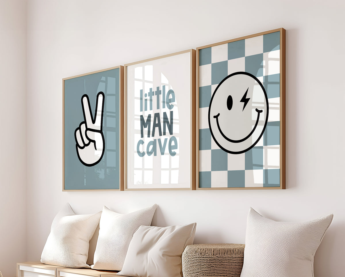 Set Of 3 Wall Art Blue Little Man