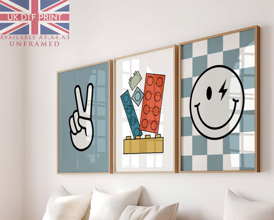 Set Of 3 Wall Art Boys Building Blocks