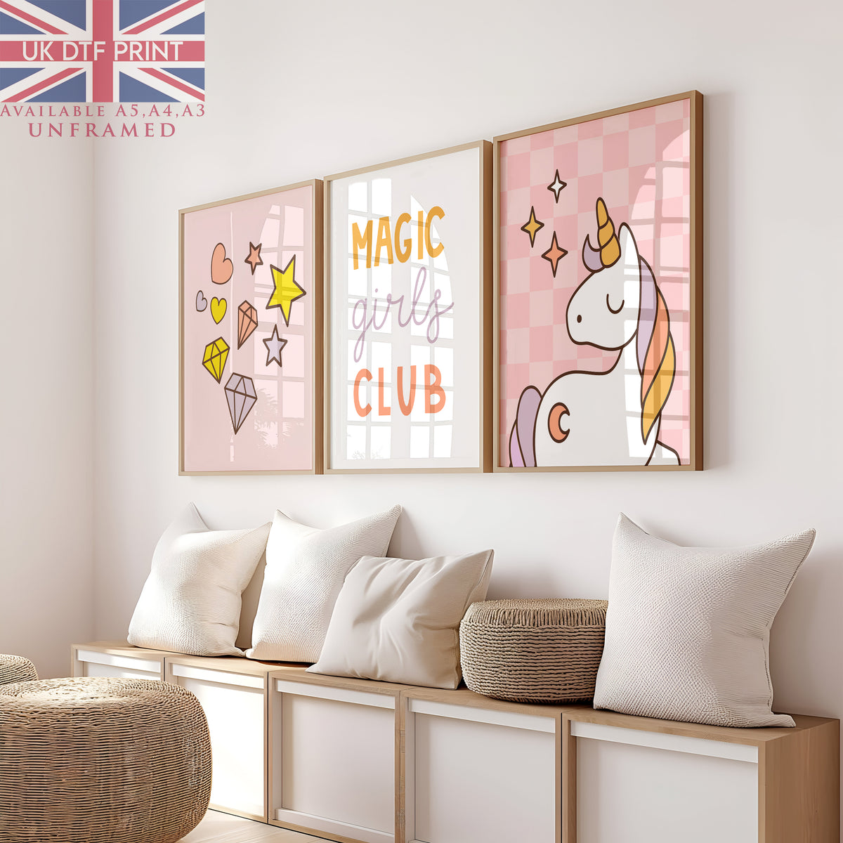 Set Of 3 Wall Art Unicorn Magic Girls Club