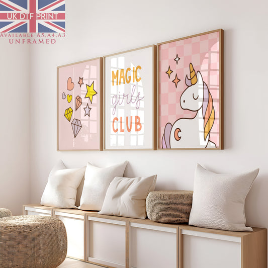 Set Of 3 Wall Art Unicorn Magic Girls Club