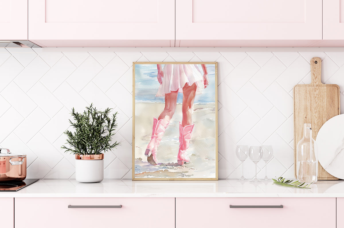 Wall Art Print Pink Cowgirl Boots At The Beach