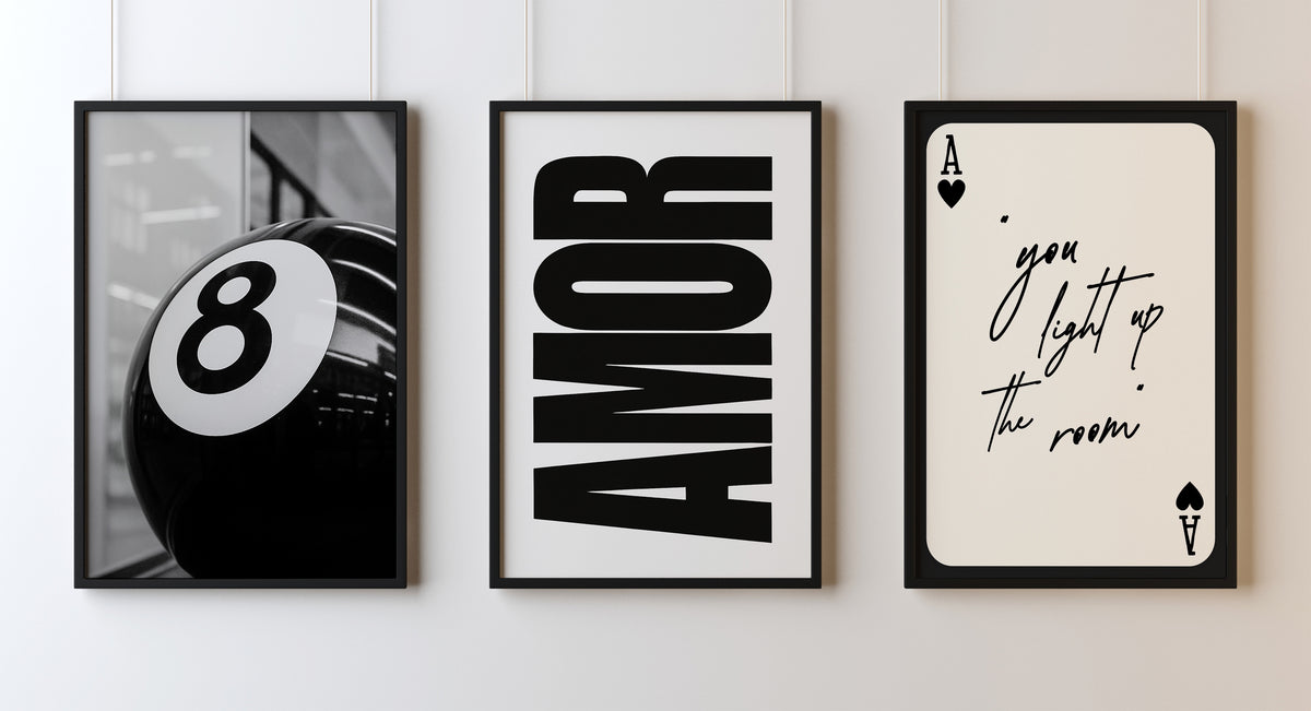 Set Of 3 Wall Art Prints Black Trendy 8 Ball Amor Ace Playing Card