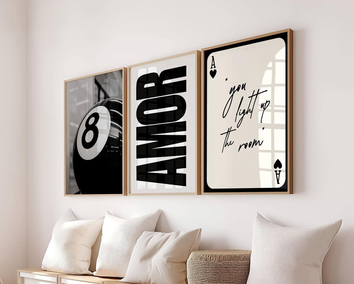 Set Of 3 Wall Art Prints Black Trendy 8 Ball Amor Ace Playing Card