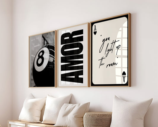 Set Of 3 Wall Art Prints Black Trendy 8 Ball Amor Ace Playing Card