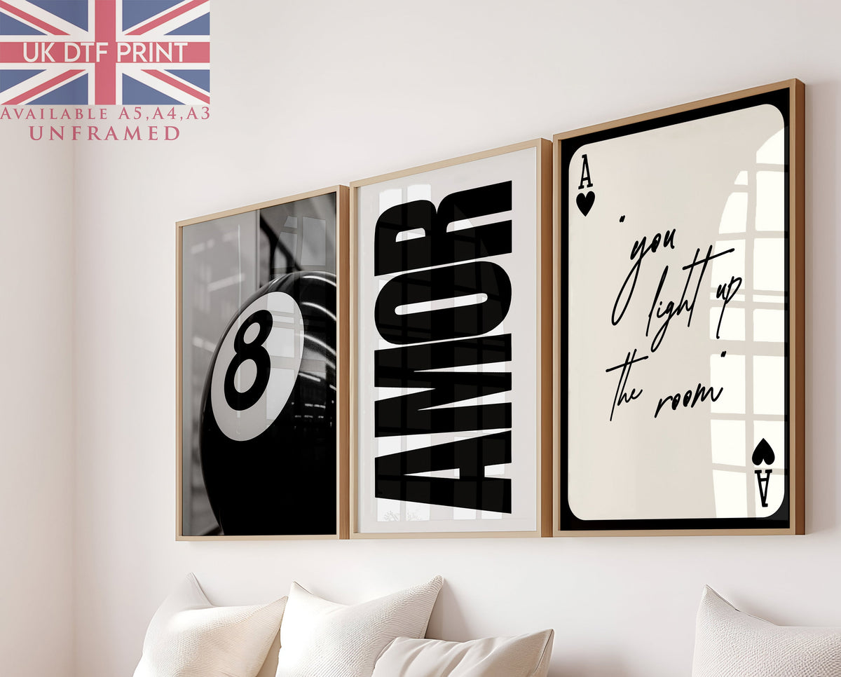 Set Of 3 Wall Art Prints Black Trendy 8 Ball Amor Ace Playing Card