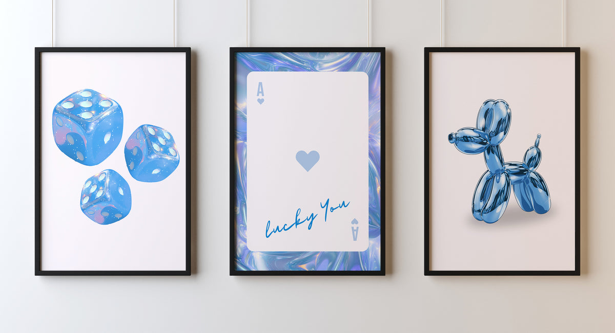 Set Of 3 Wall Art Prints Blue Holographic Lucky You Dice