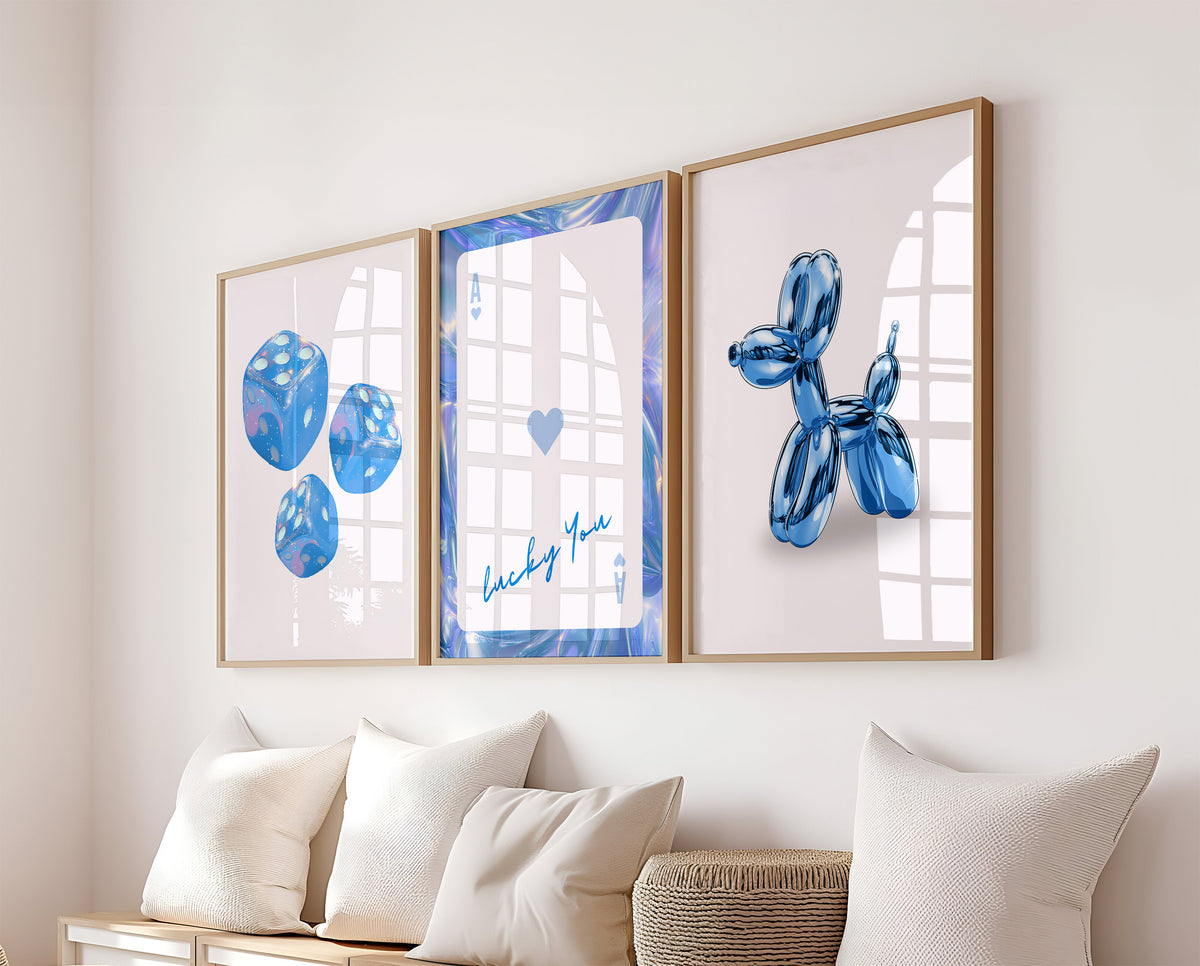 Set Of 3 Wall Art Prints Blue Holographic Lucky You Dice