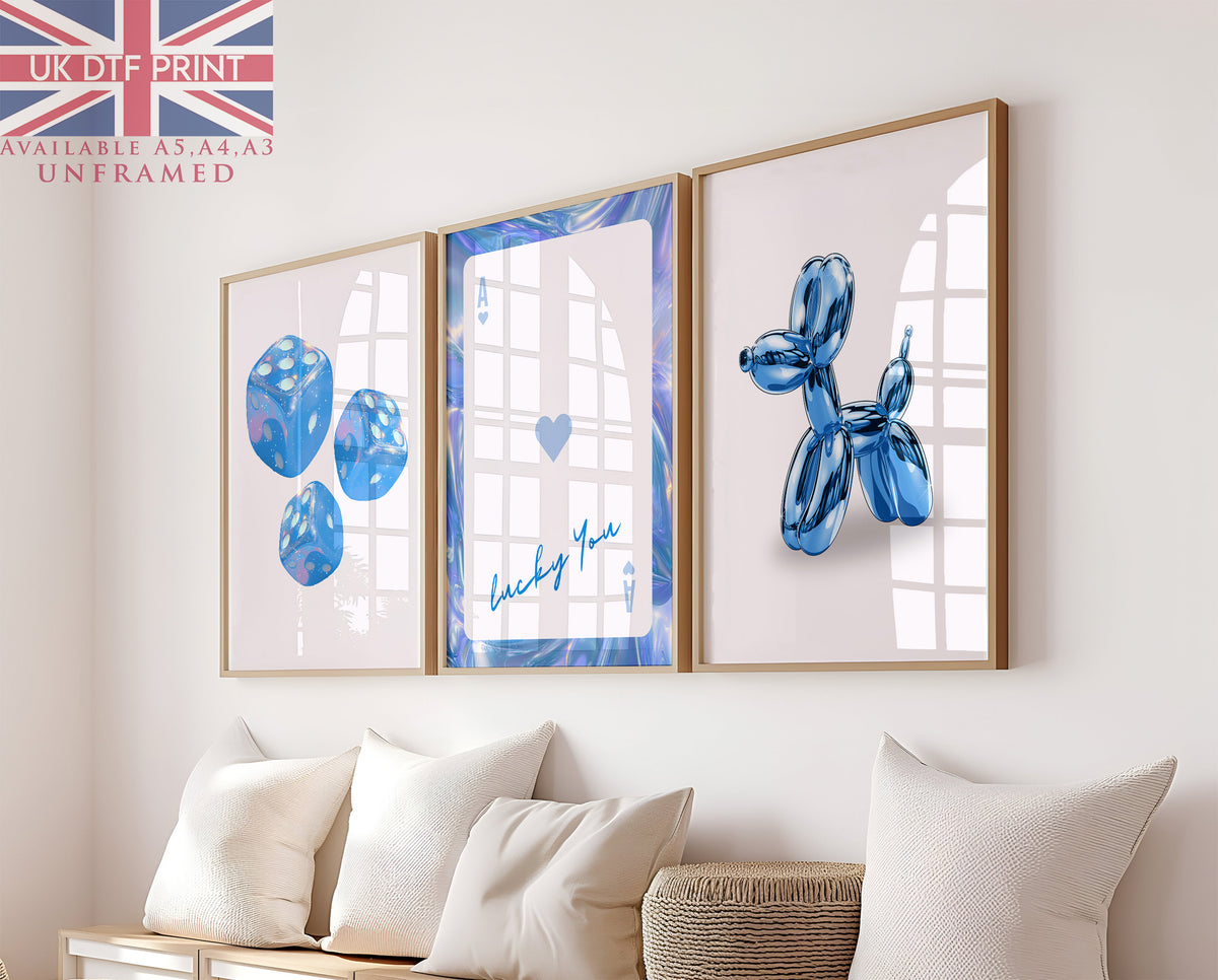 Set Of 3 Wall Art Prints Blue Holographic Lucky You Dice