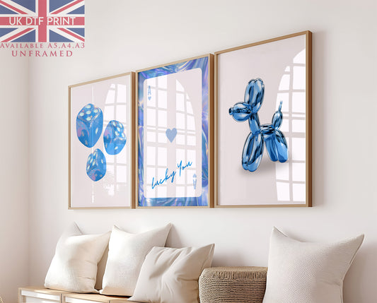 Set Of 3 Wall Art Prints Blue Holographic Lucky You Dice