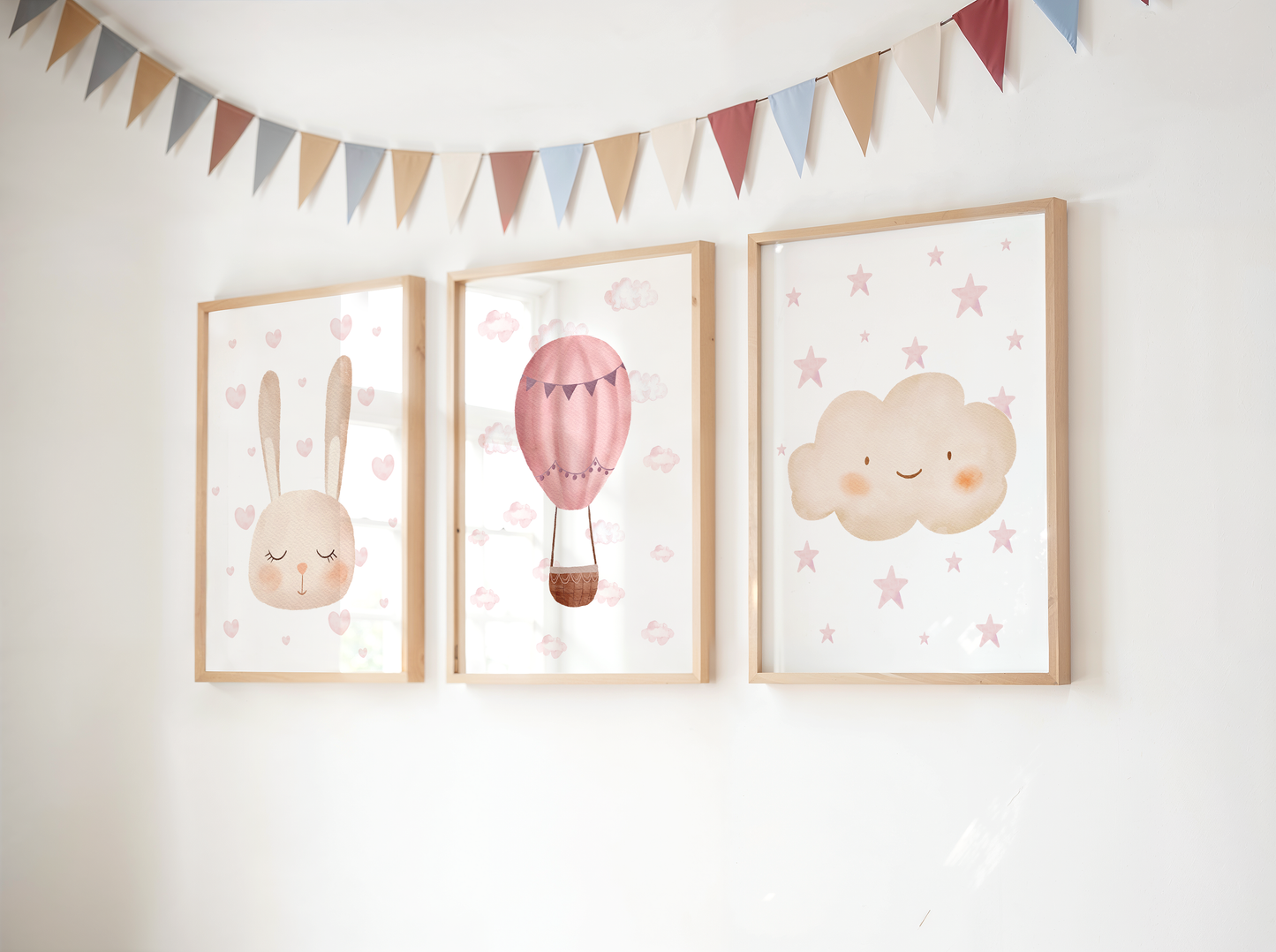 Set Of 3 Wall Art Prints Bunny Hot Air Balloon Decor