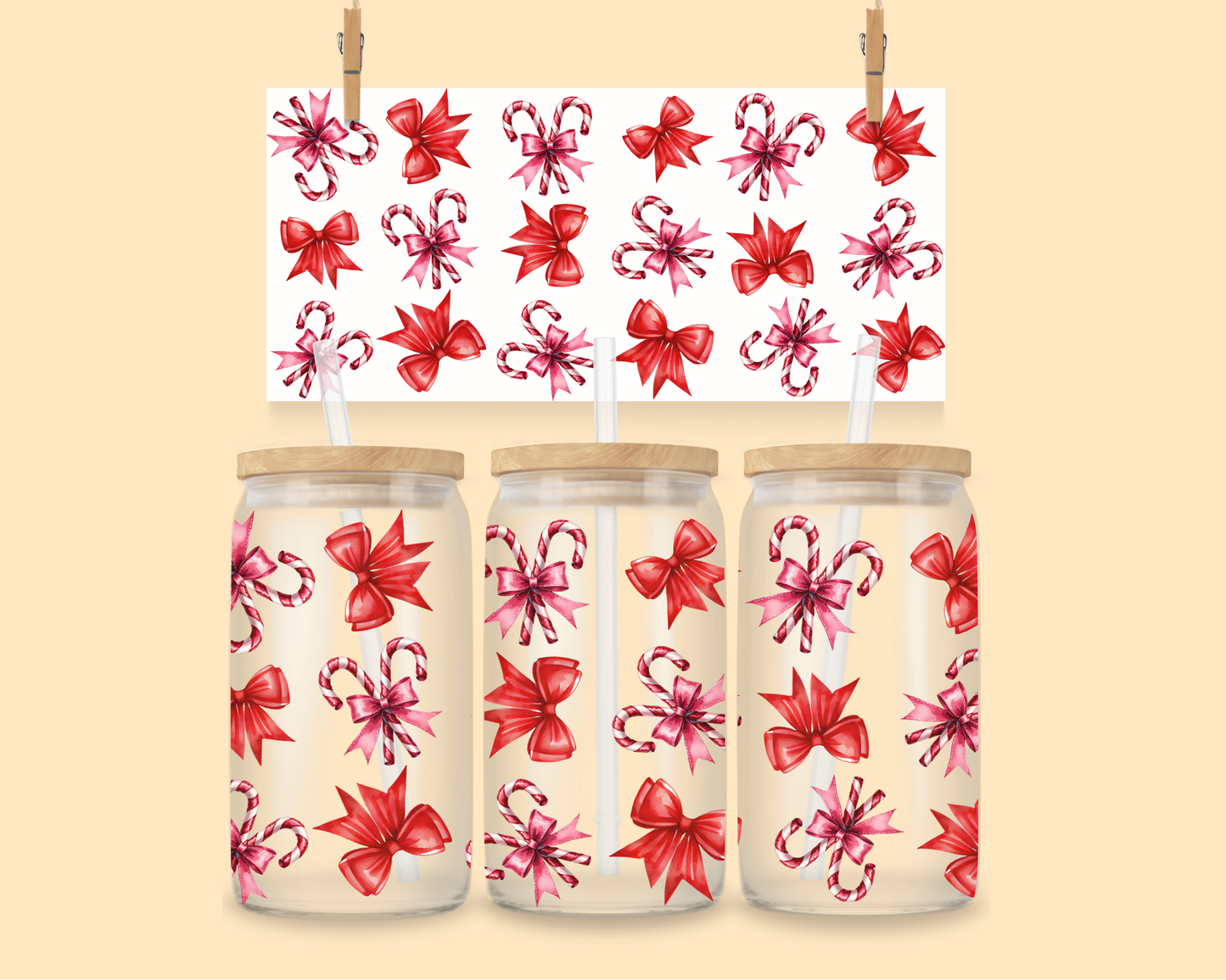 16oz UVDTF Candy Cane & Bows