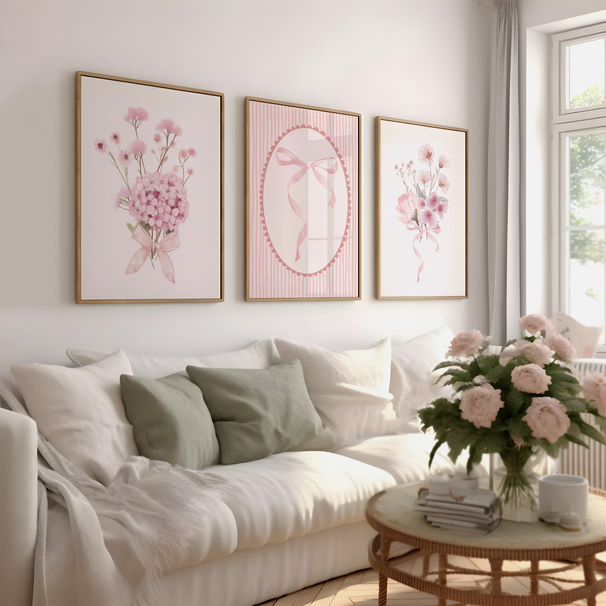 Set Of 3 Wall Art Prints Coquette Pretty Pink Floral Bows