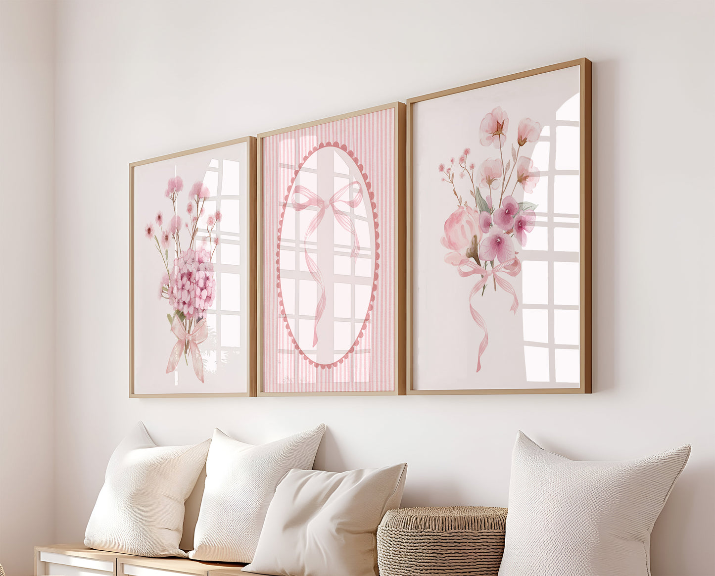 Set Of 3 Wall Art Prints Coquette Pretty Pink Floral Bows