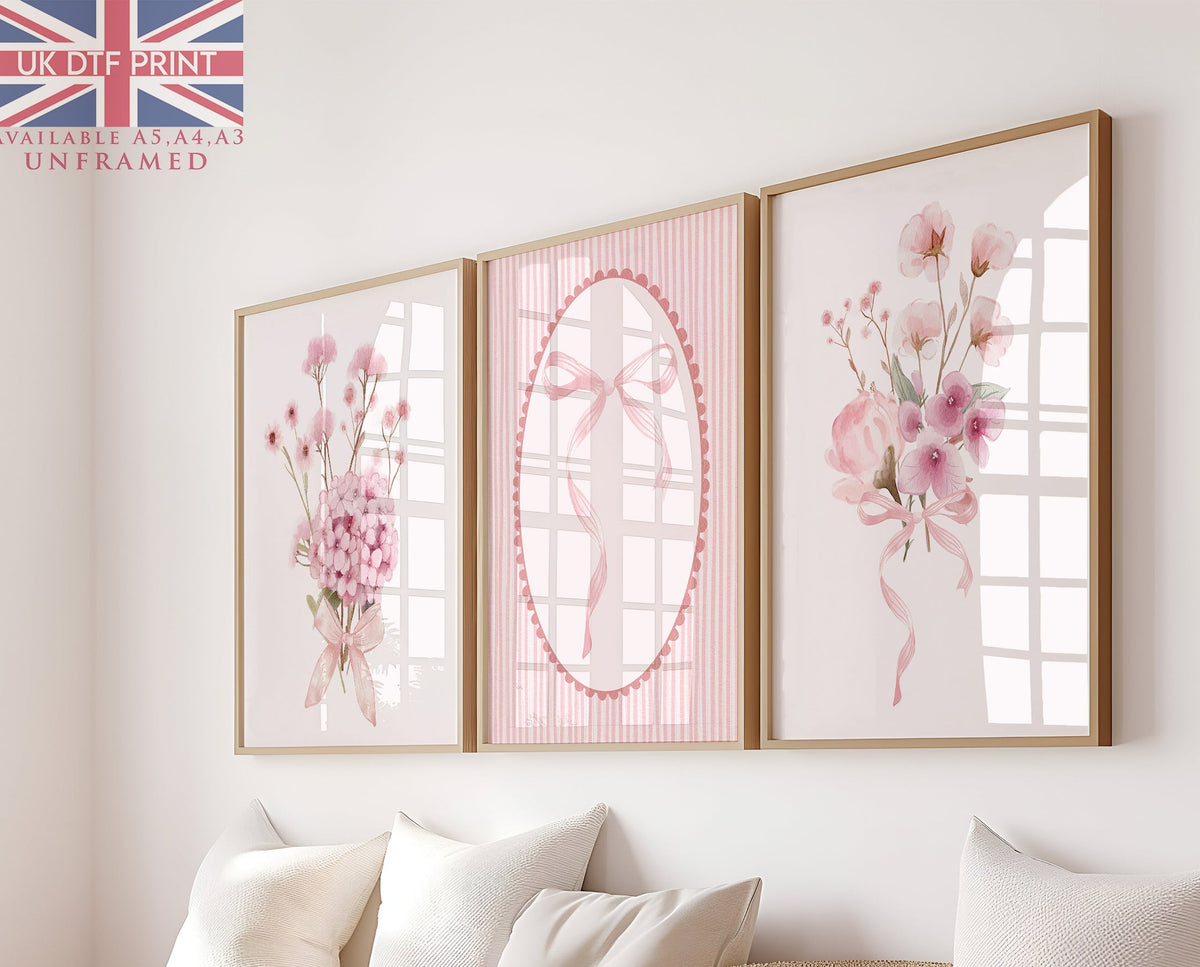 Set Of 3 Wall Art Prints Coquette Pretty Pink Floral Bows