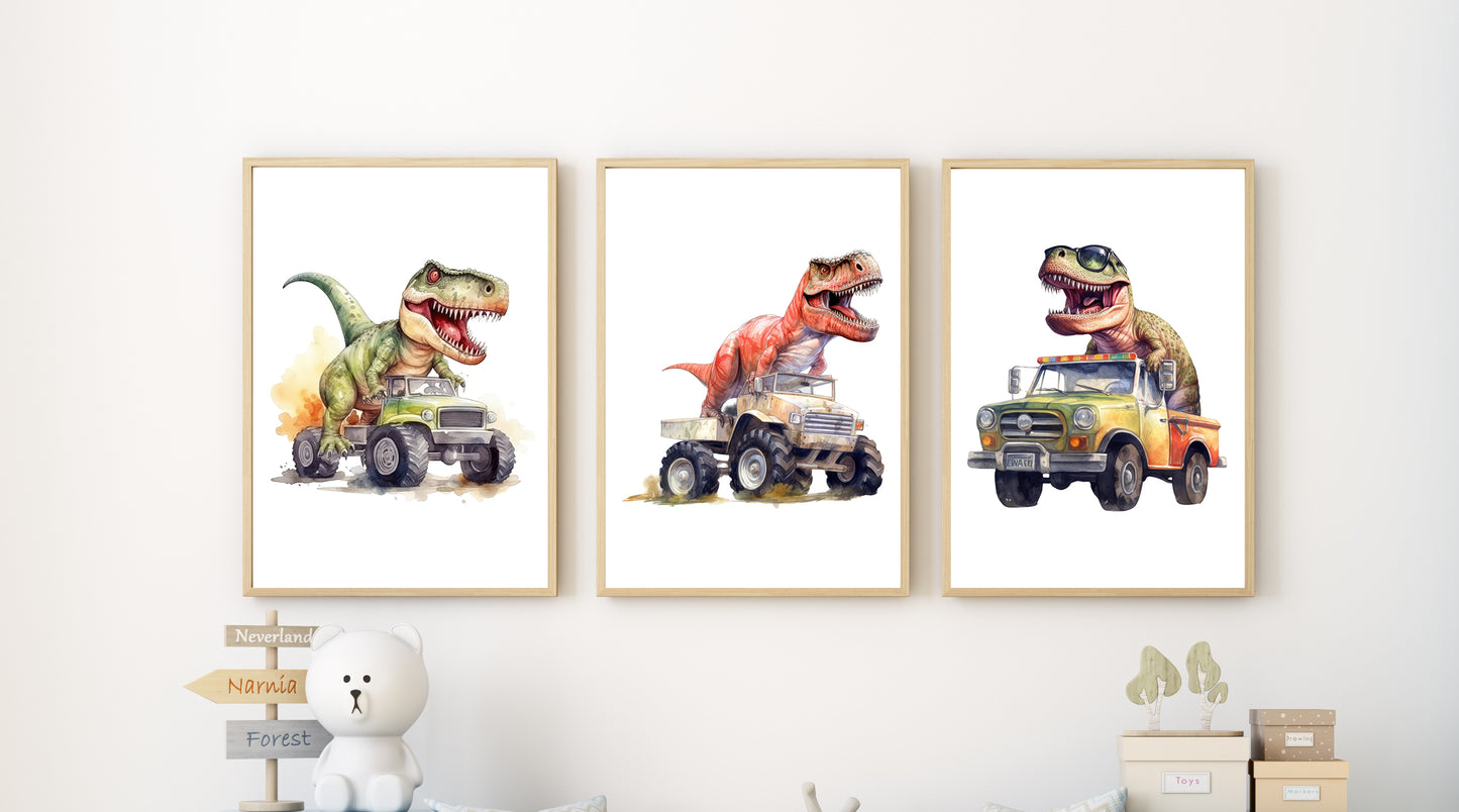 Set Of 3 Wall Art Nursery/Bedroom Dinosaur Monster Truck