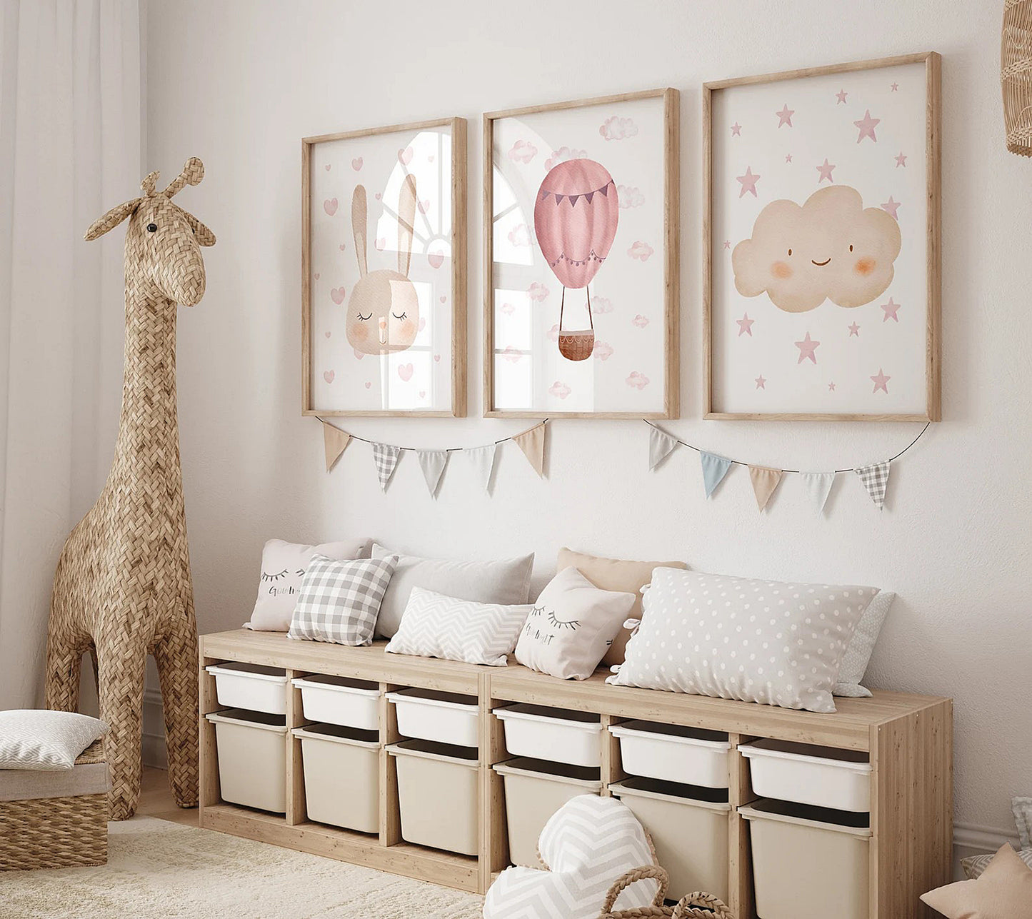 Set Of 3 Wall Art Prints Bunny Hot Air Balloon Decor