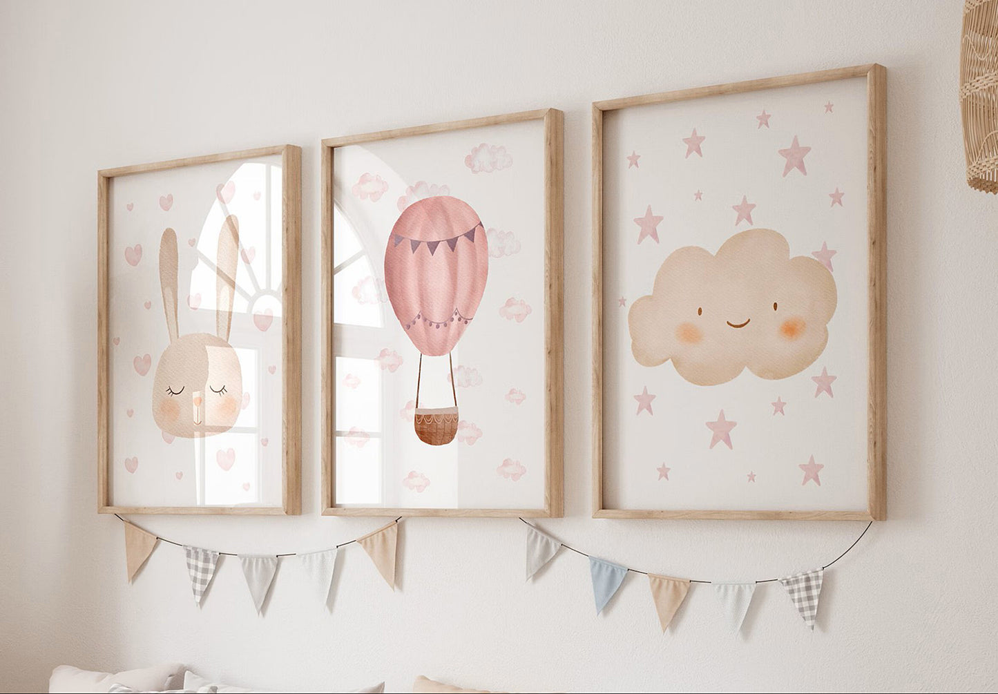 Set Of 3 Wall Art Prints Bunny Hot Air Balloon Decor