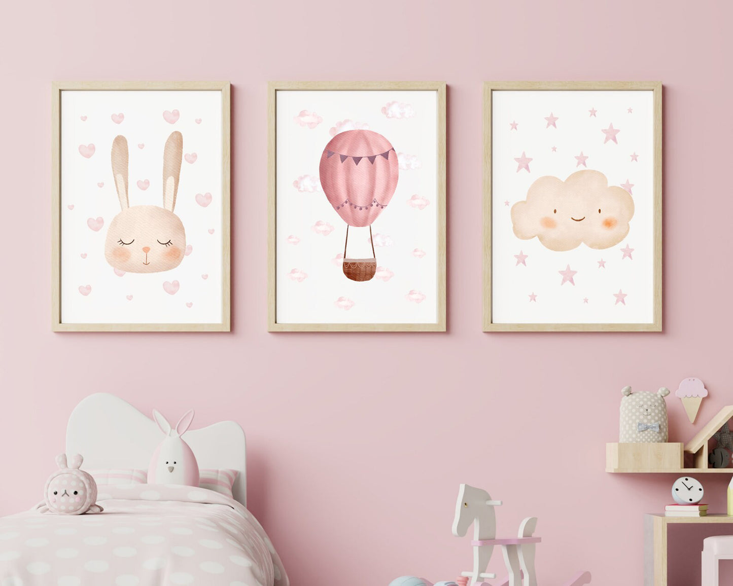 Set Of 3 Wall Art Prints Bunny Hot Air Balloon Decor