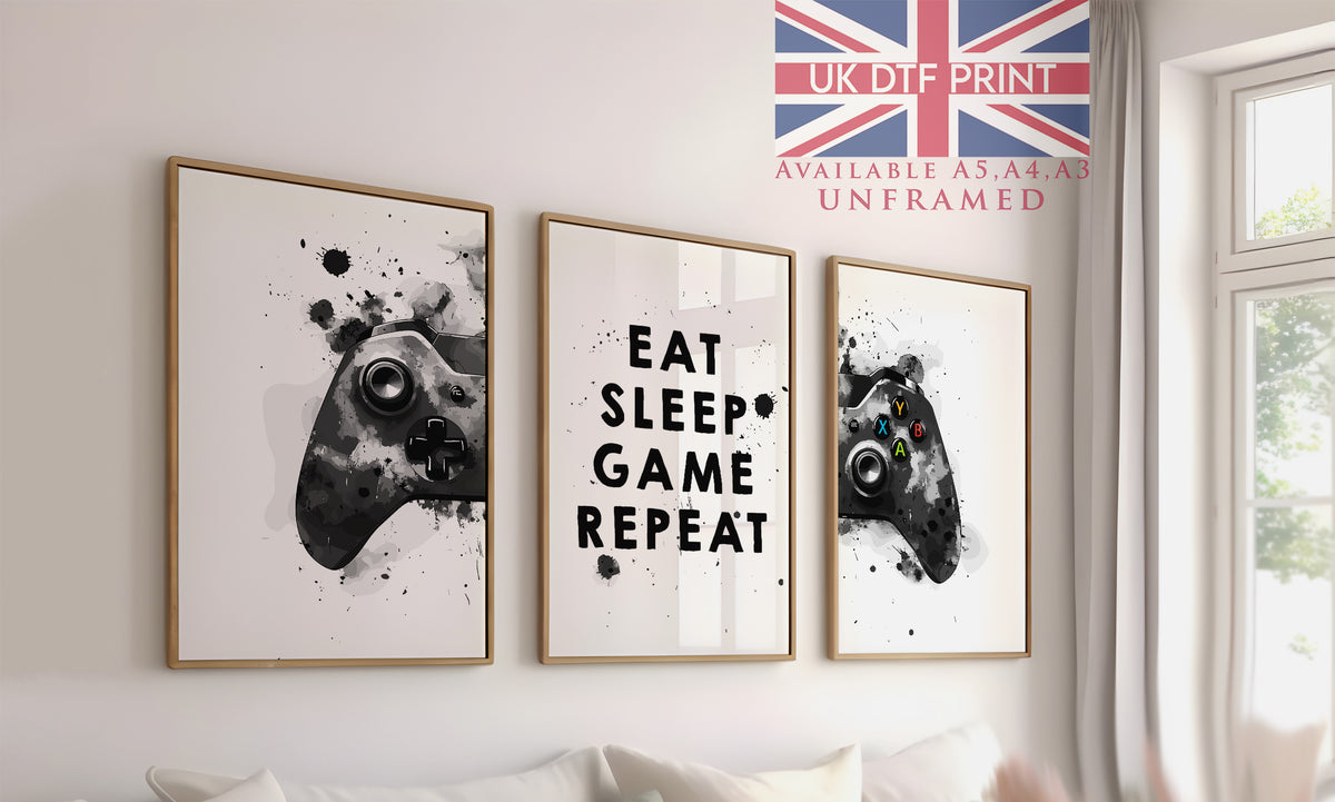 Set Of 3 Wall Art Prints Eat, Sleep, Game, Repeat, Gaming Xbox Controller