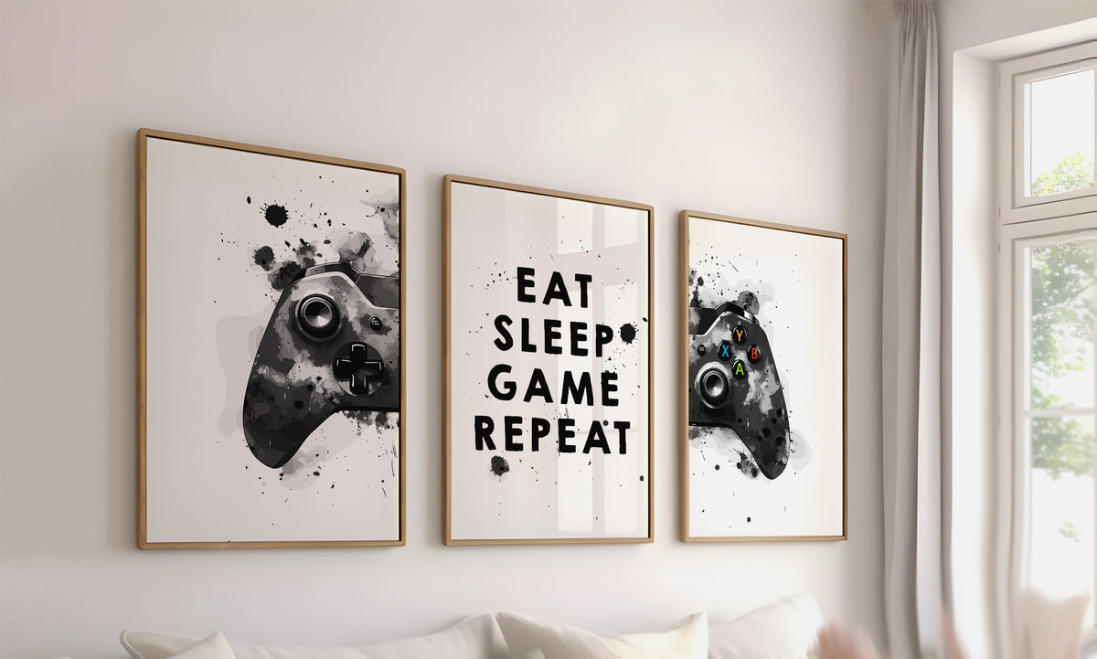 Set Of 3 Wall Art Prints Eat, Sleep, Game, Repeat, Gaming Xbox Controller