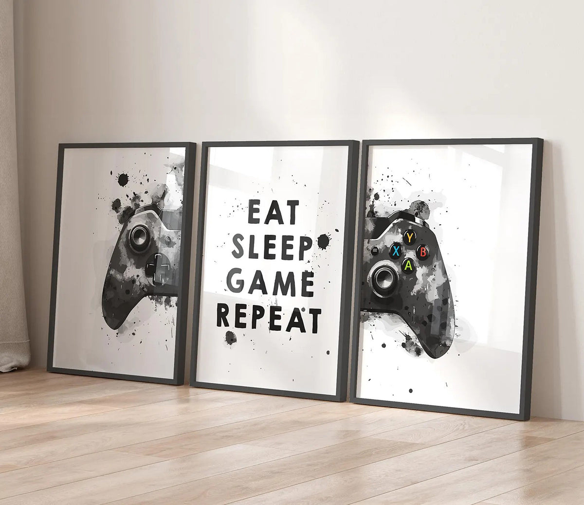 Set Of 3 Wall Art Prints Eat, Sleep, Game, Repeat, Gaming Xbox Controller