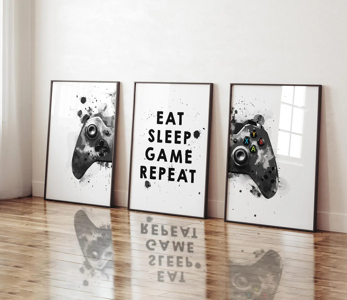 Set Of 3 Wall Art Prints Eat, Sleep, Game, Repeat, Gaming Xbox Controller