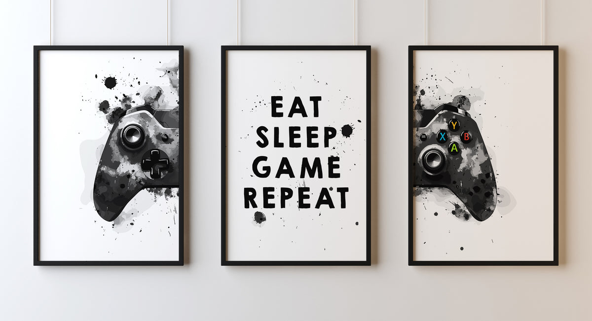 Set Of 3 Wall Art Prints Eat, Sleep, Game, Repeat, Gaming Xbox Controller