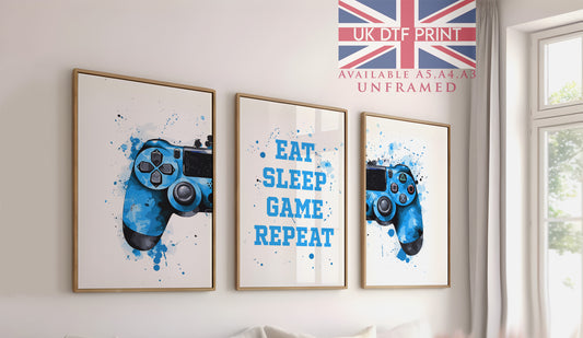 Set Of 3 Wall Art Prints Eat, Sleep, Game, Repeat Gaming PlayStation Controller