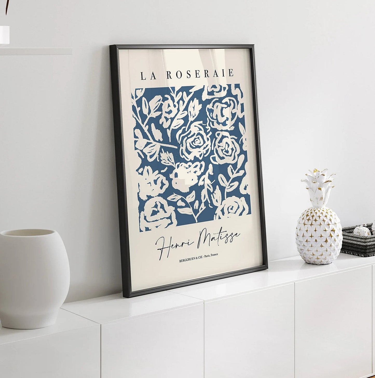French Navy Cream Matisse Floral Print Wall Art Decor
