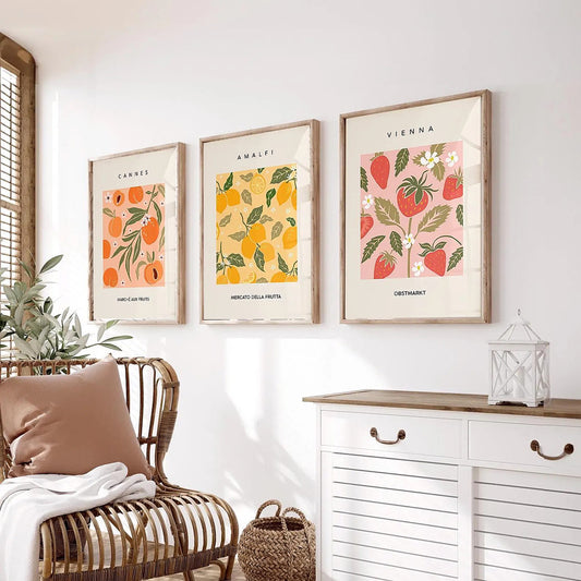 Fruit Market Art Print | Set Of 3 Lime Lemon Orange Wall Art Kitchen Home Decor