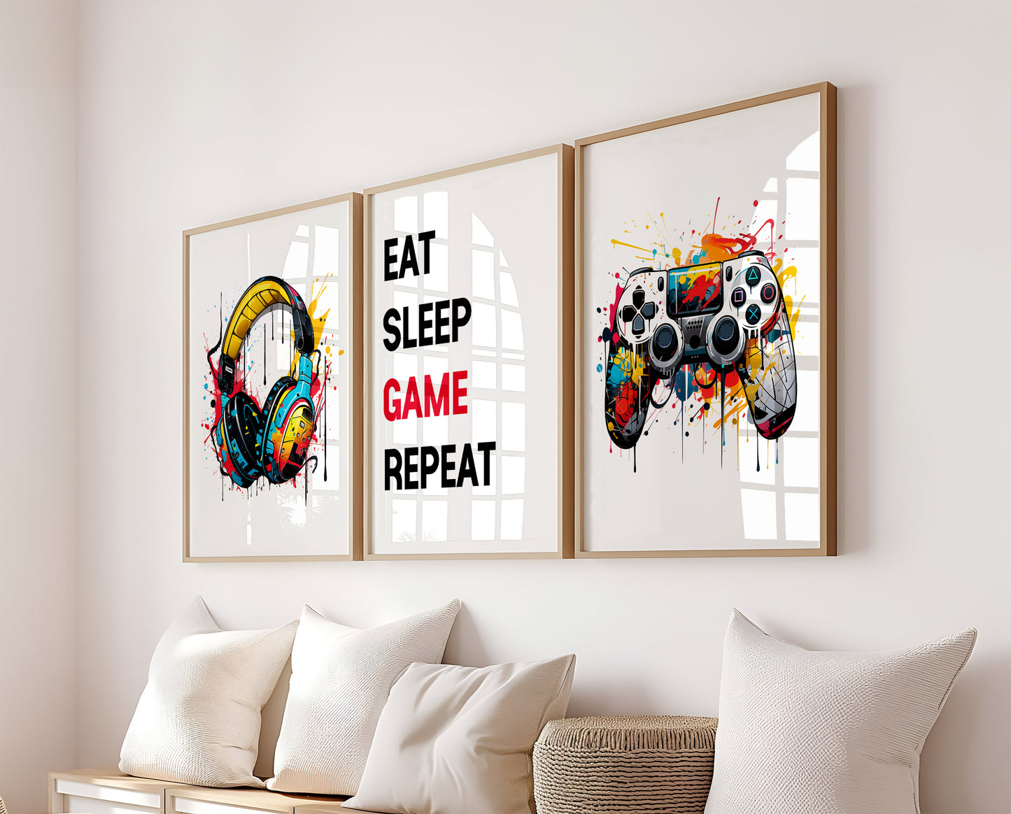 Set Of 3 Wall Art Prints Watercolour Eat Sleep Gaming
