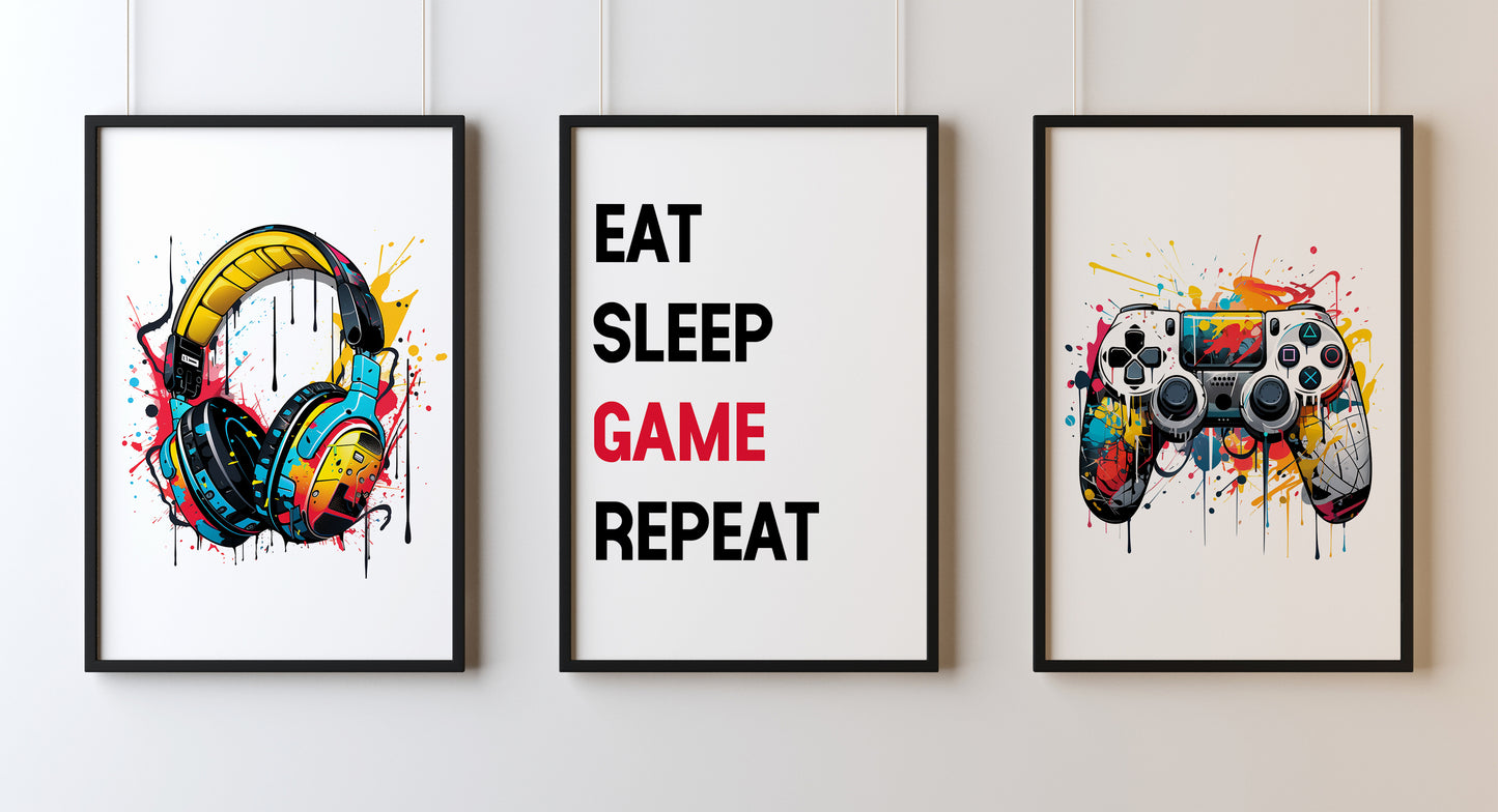 Set Of 3 Wall Art Prints Watercolour Eat Sleep Gaming