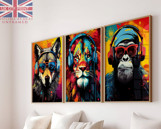 Set Of 3 Wall Art Prints Gamer Headphones Wild Animals