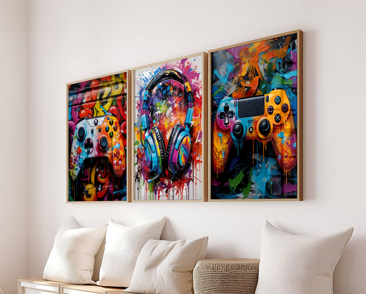 Gaming Controller Graffiti Prints Set Of 3 Wall Art