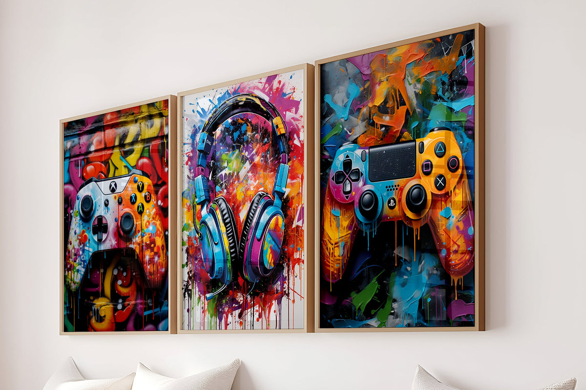 Gaming Controller Graffiti Prints Set Of 3 Wall Art