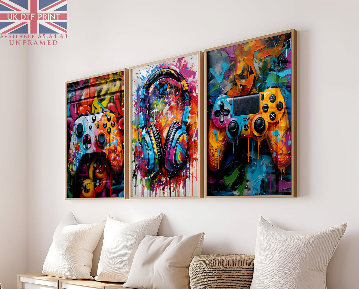 Gaming Controller Graffiti Prints Set Of 3 Wall Art