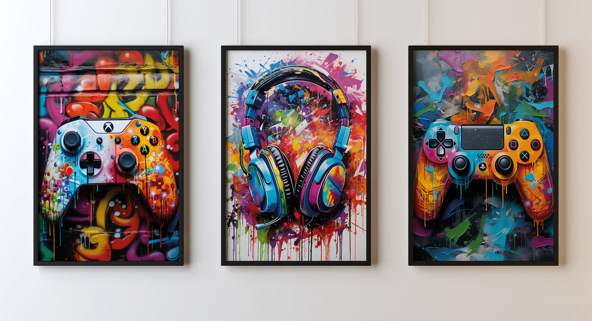 Gaming Controller Graffiti Prints Set Of 3 Wall Art