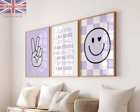 Set Of 3 Wall Art Kids Girls Affirmation Quote Smiley Face