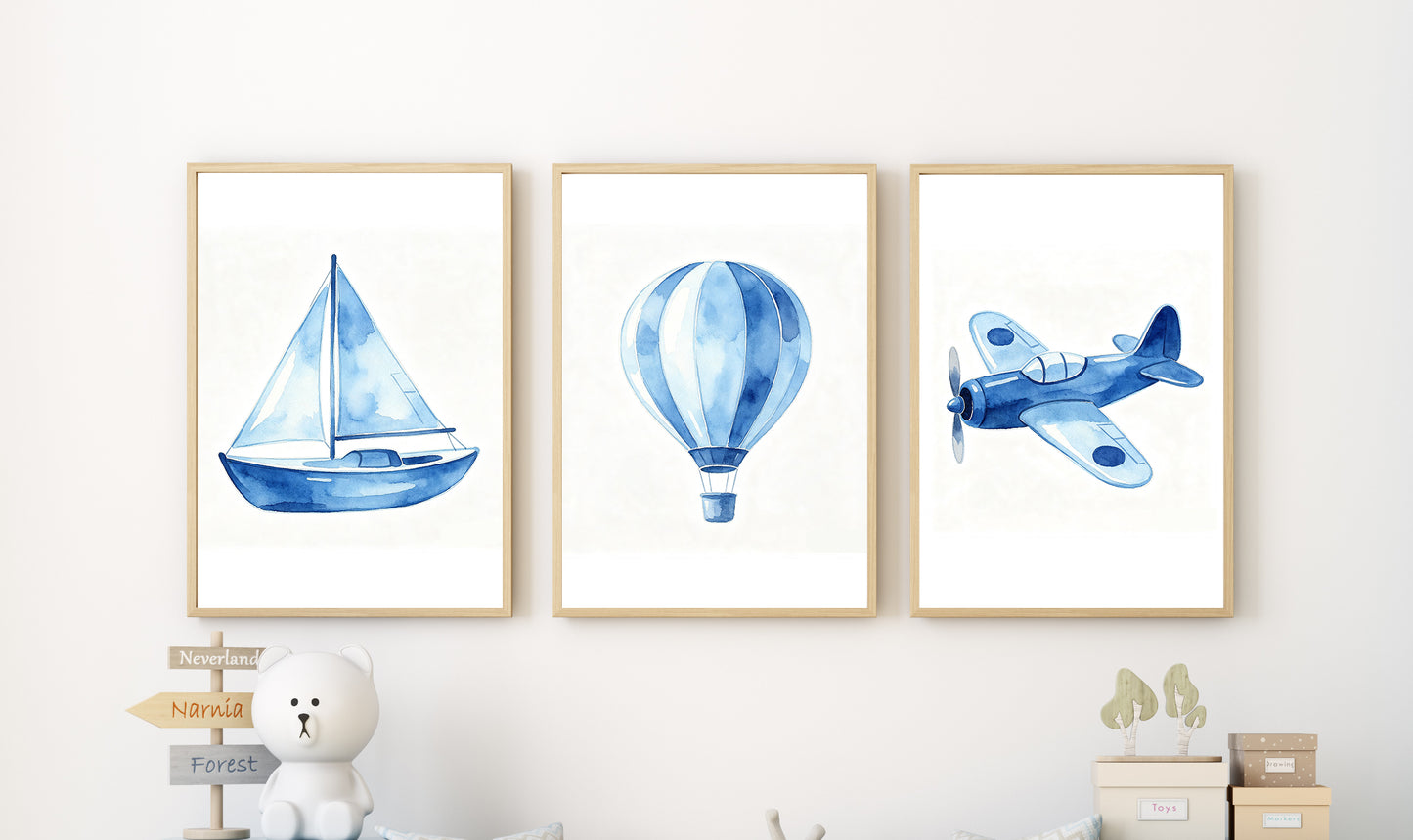 Set Of 3 Wall Art Blue Hot Air Balloon Prints