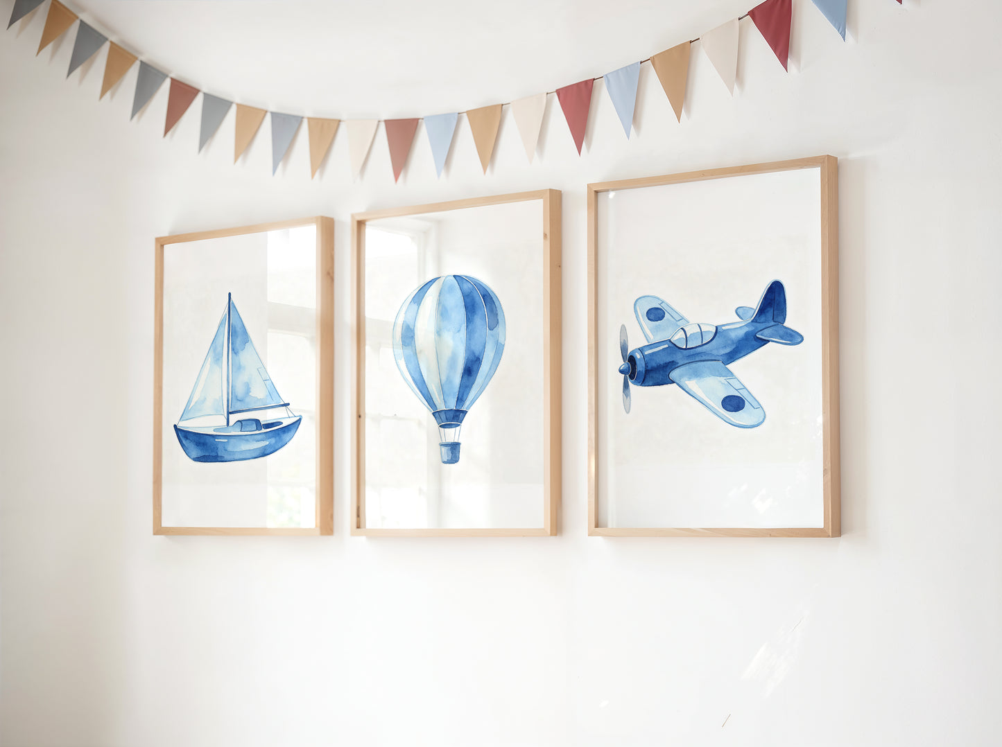 Set Of 3 Wall Art Blue Hot Air Balloon Prints