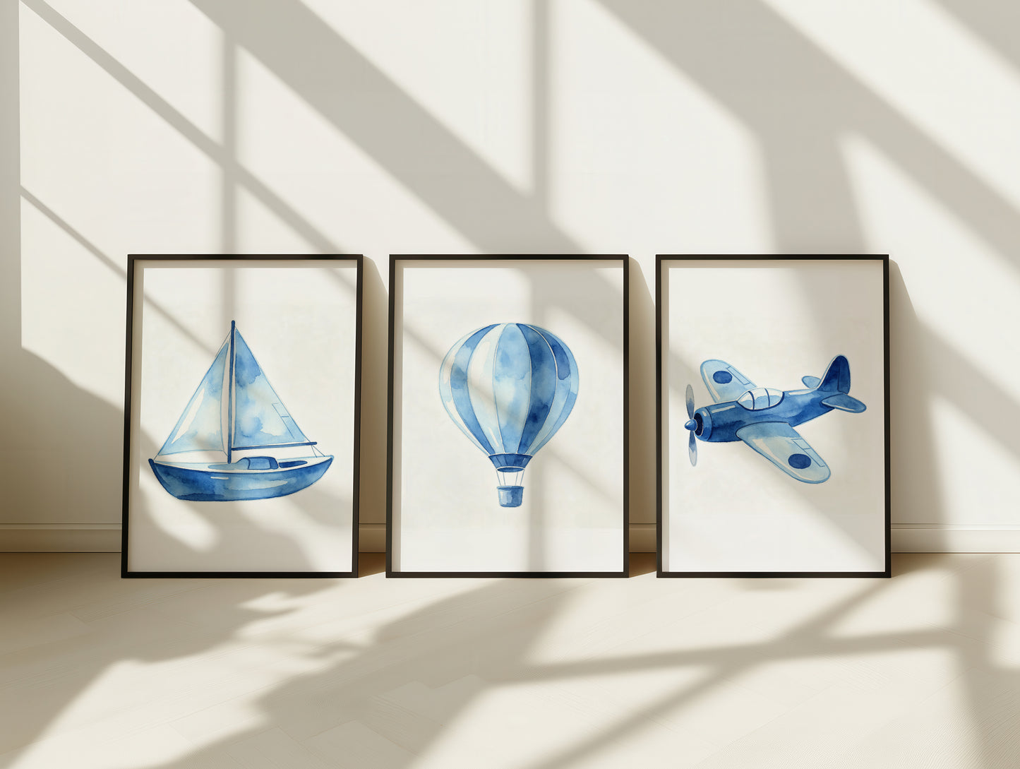 Set Of 3 Wall Art Blue Hot Air Balloon Prints