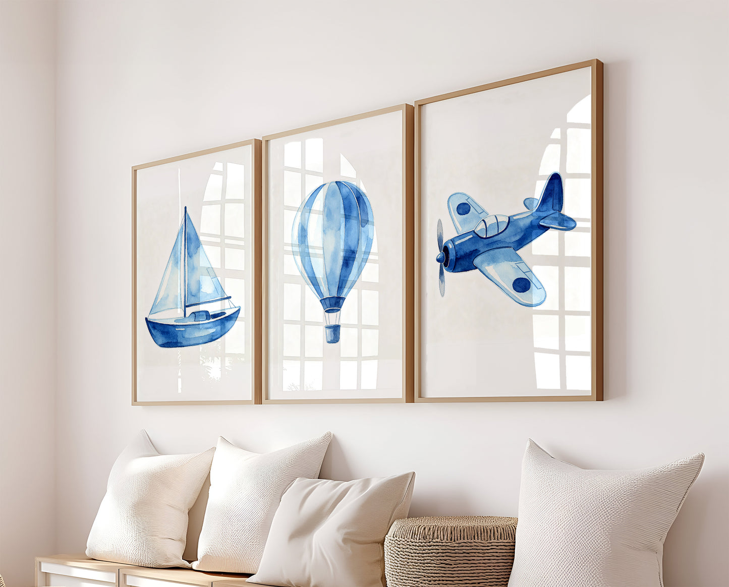 Set Of 3 Wall Art Blue Hot Air Balloon Prints