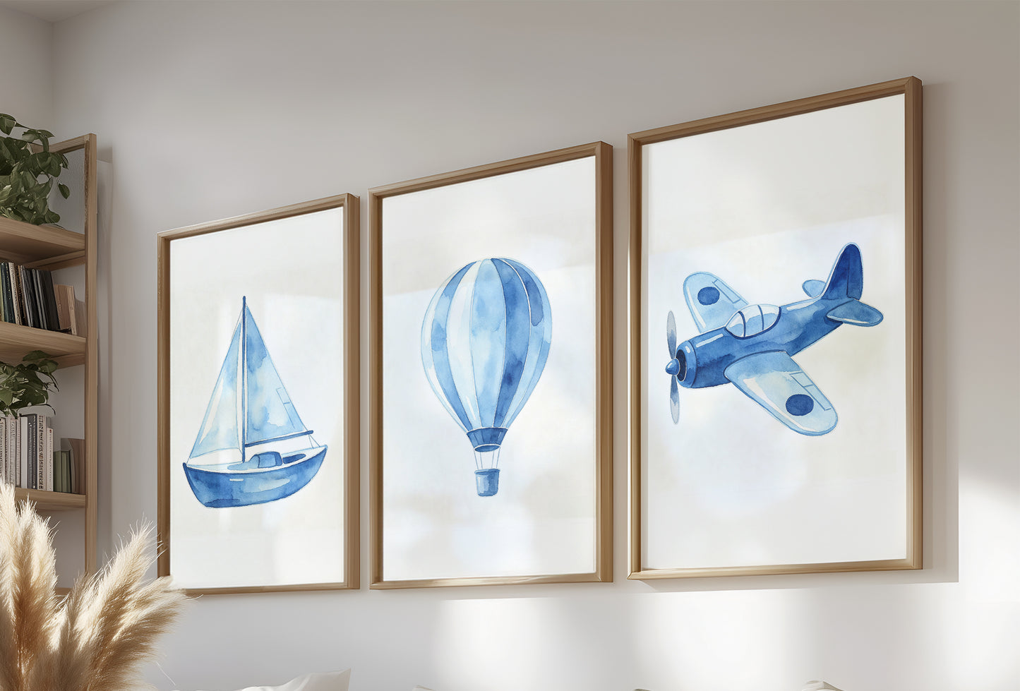 Set Of 3 Wall Art Blue Hot Air Balloon Prints