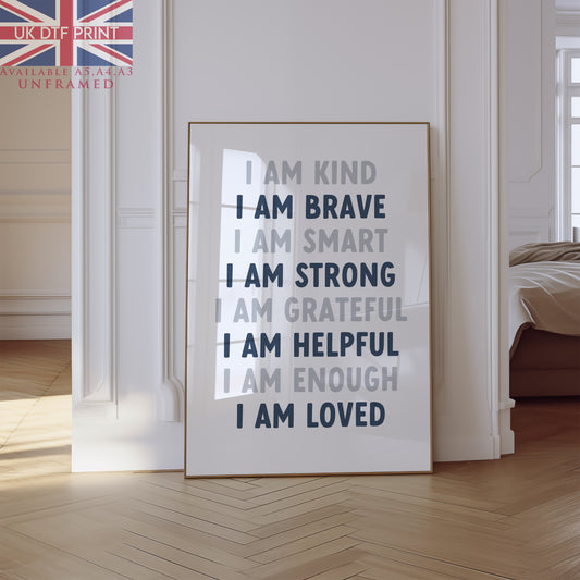 Wall Art Print Nursery Child's Bedroom Blue I Am Positive Affirmation