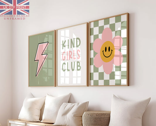 Set Of 3 Wall Art Kids Kind Girls Club Pink & Green Flower