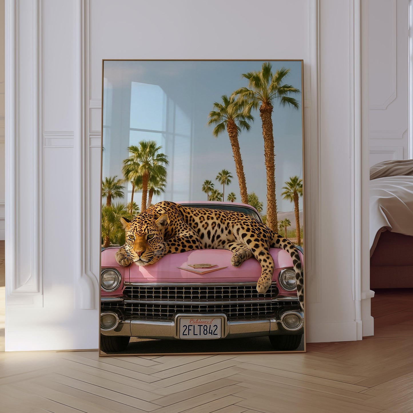 Wall Art Print Retro Palm Springs Leopard Pink Car