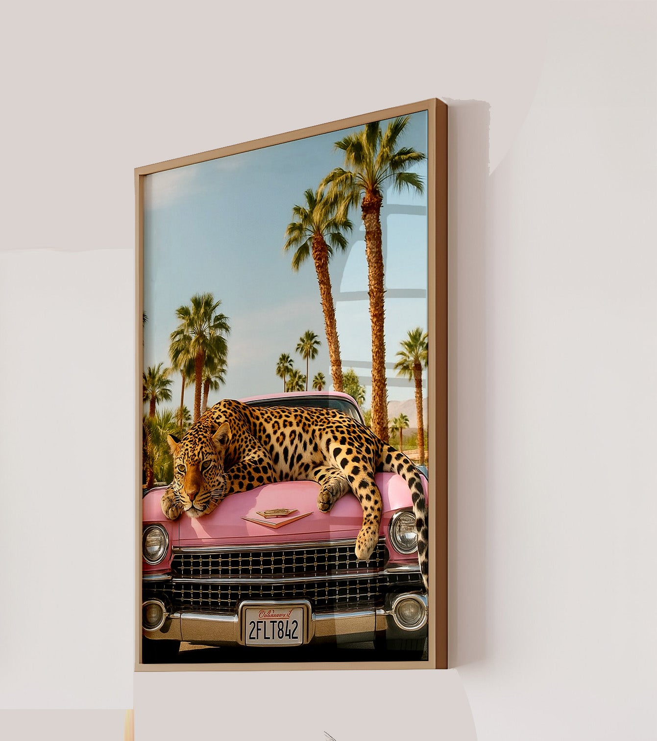 Wall Art Print Retro Palm Springs Leopard Pink Car