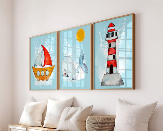 Set Of 3 Wall Art Prints Coastal Theme Lighthouse Whale Boat