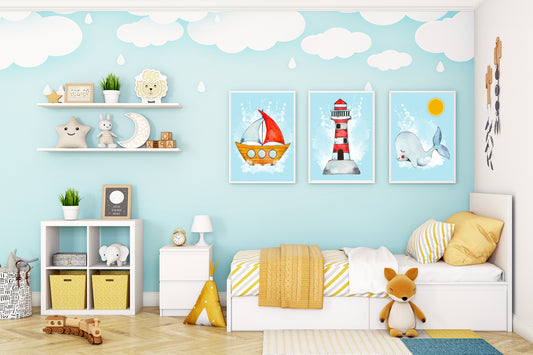Lighthouse Nursery Bedroom Set Of 3 Wall Art Prints